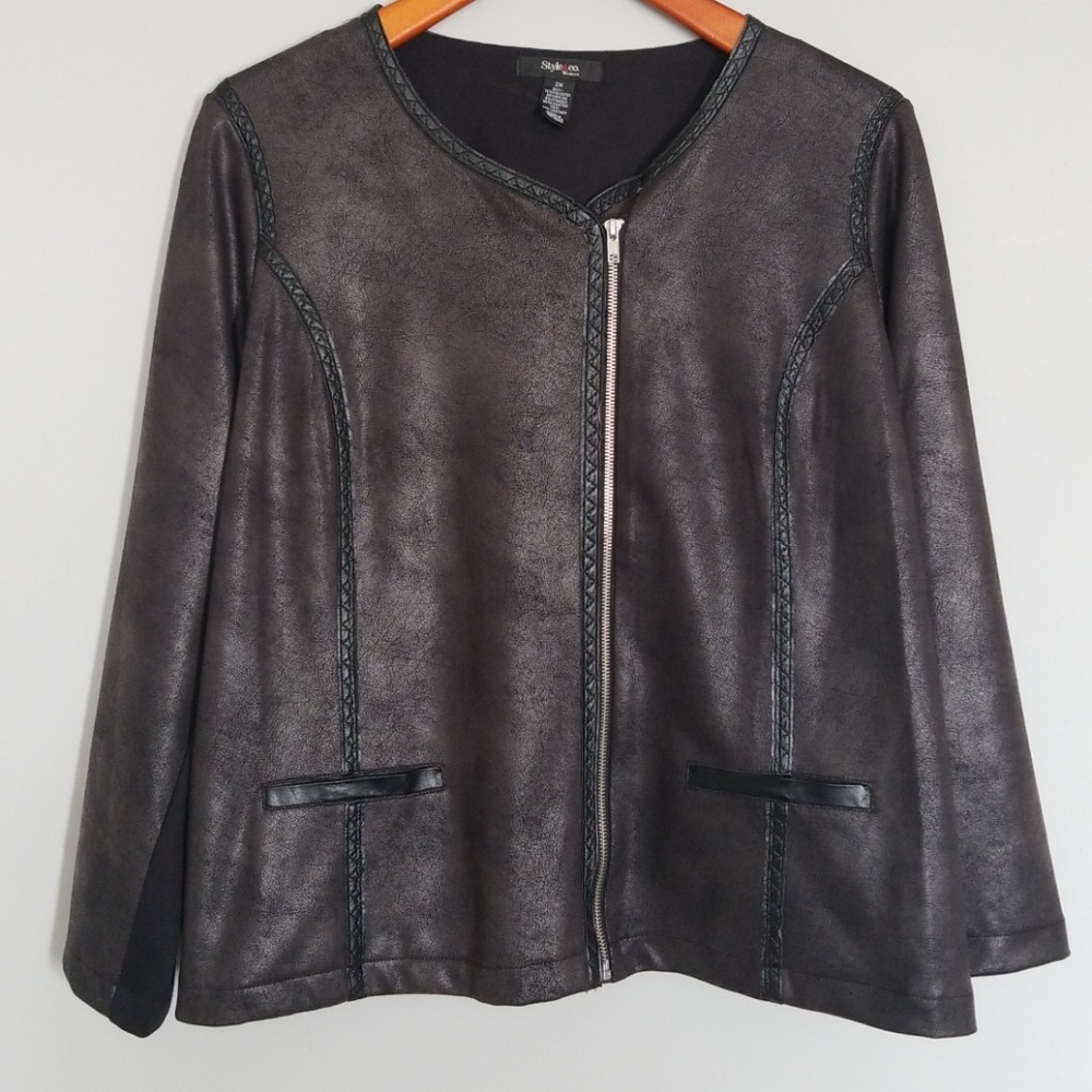 Style & Co Faux Leather Charcoal Cracked Jacket